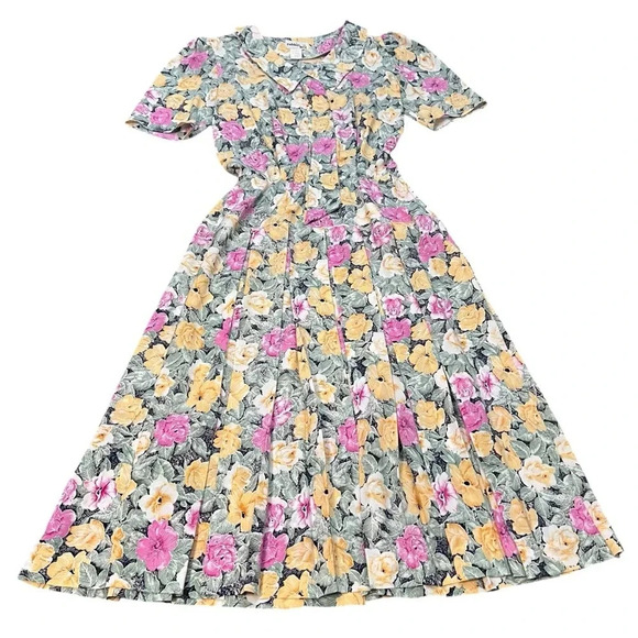 Vintage Dresses & Skirts - Vintage Floral A Line Pleated Collared Dress Size 11/12
